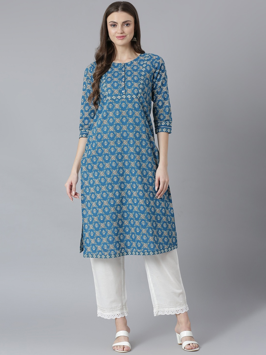 

QOMN Women Floral Printed Cotton Kurta, Teal