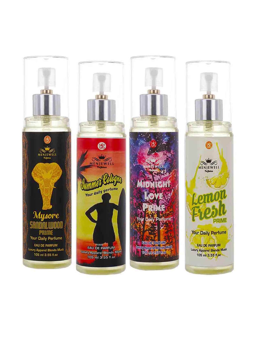 

Menjewell Set Of 4 Mysore Sandalwood Summer Cologne Midnight Love Lemon Fresh Eau de Parfum - 105 ml Each, Yellow