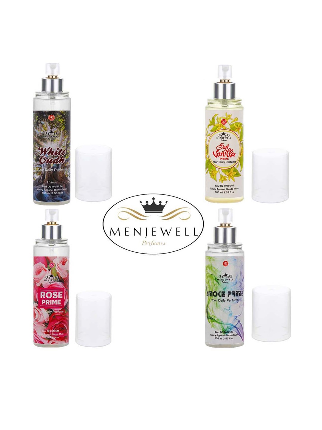 

Menjewell Set Of 4 White Oudh Soft Vanilla Rose Smoke Eau de Parfum - 105ml Each, Yellow