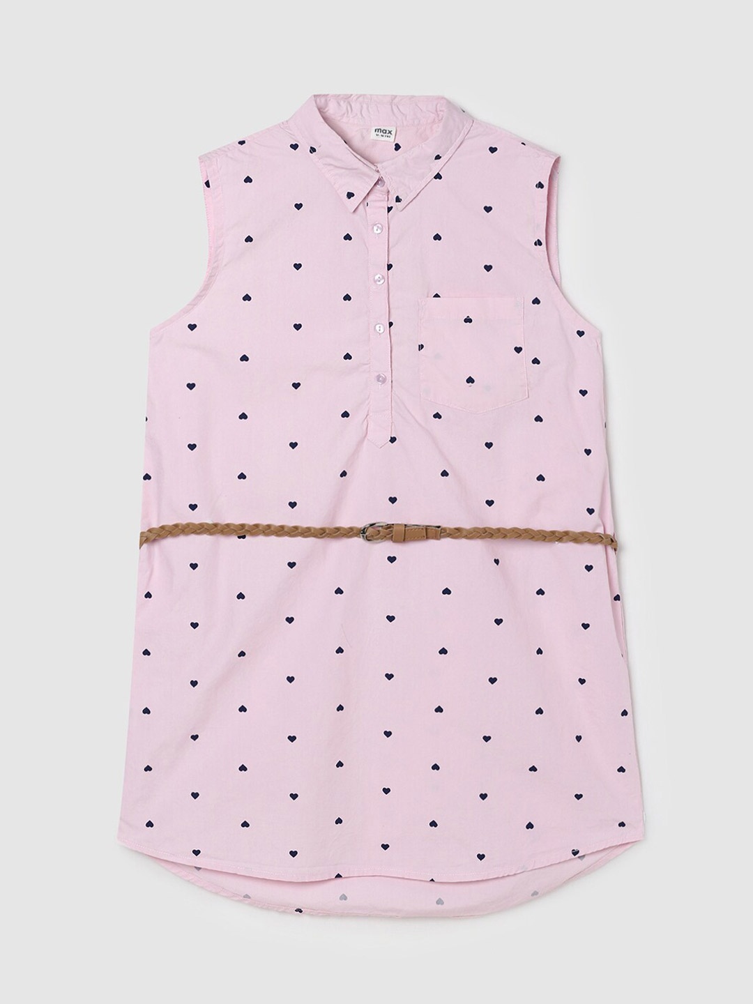 

max Girls Printed Shirt Collar Sleeveless Cotton Tunic, Pink
