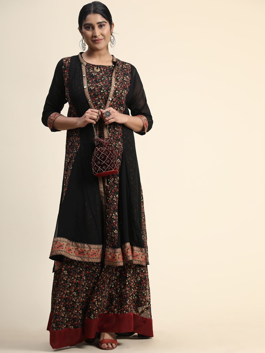 

KALINI Women Floral Printed Floral Georgette Kurta With Jacket, Black