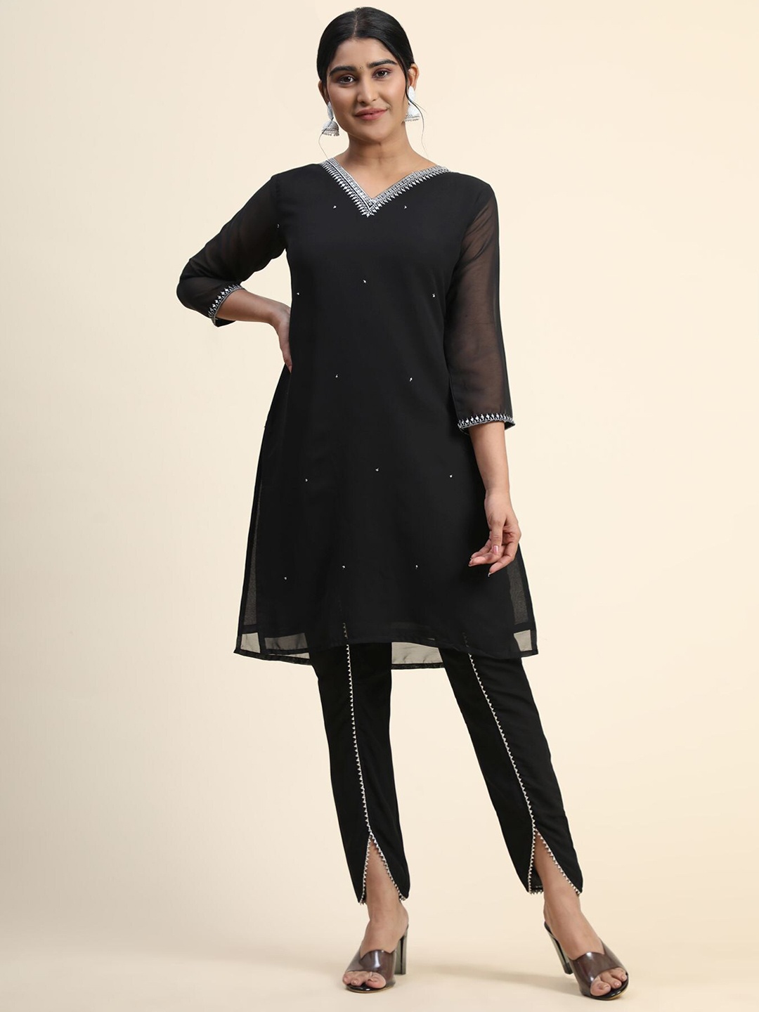 

KALINI Women Ethnic Motifs Embroidered Gotta Patti Kurti with Pyjamas, Black