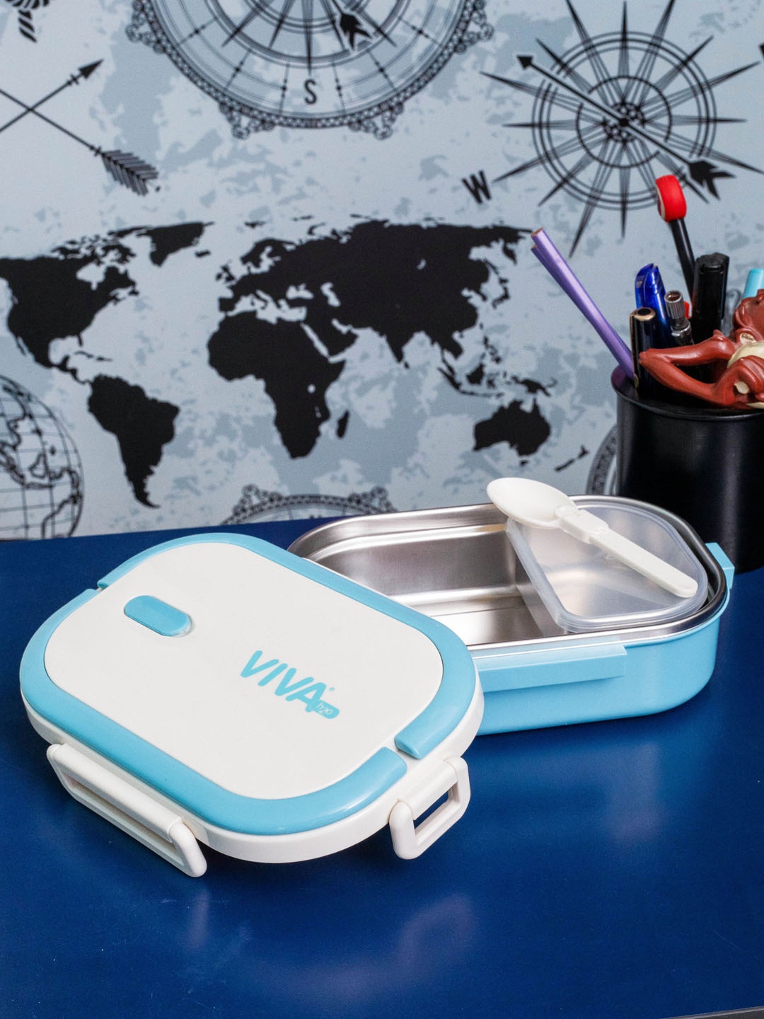 

VIVA h2o Blue & White Stainless Steel Lunch Box With Container & Spoon 700 ml