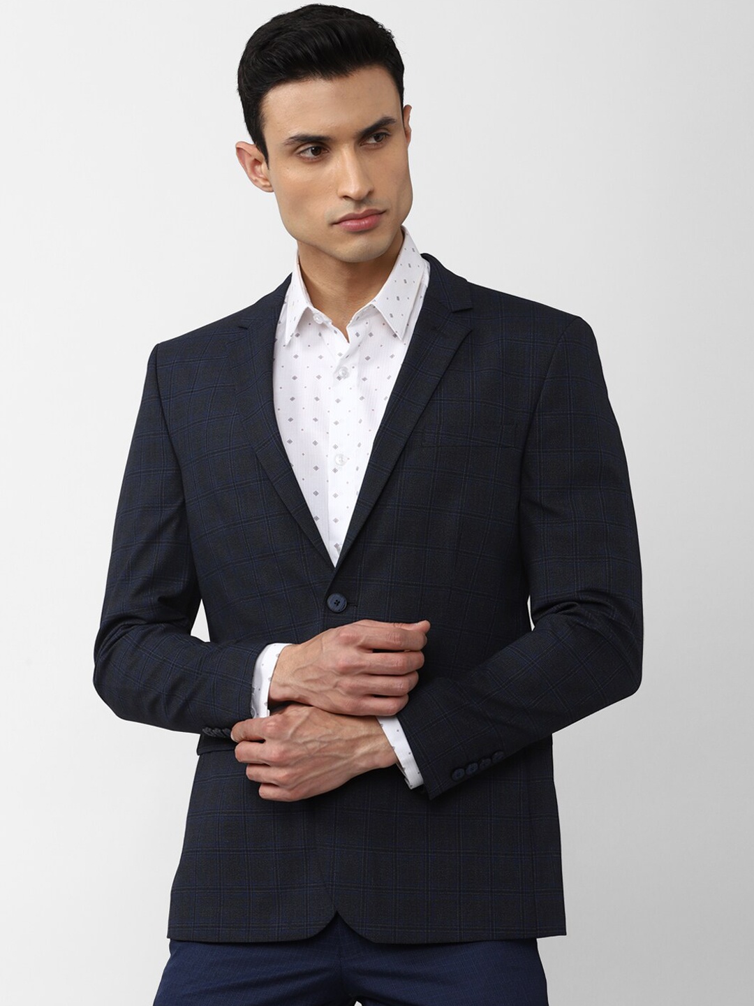 

Van Heusen Men Checked Single Breasted Blazer, Navy blue