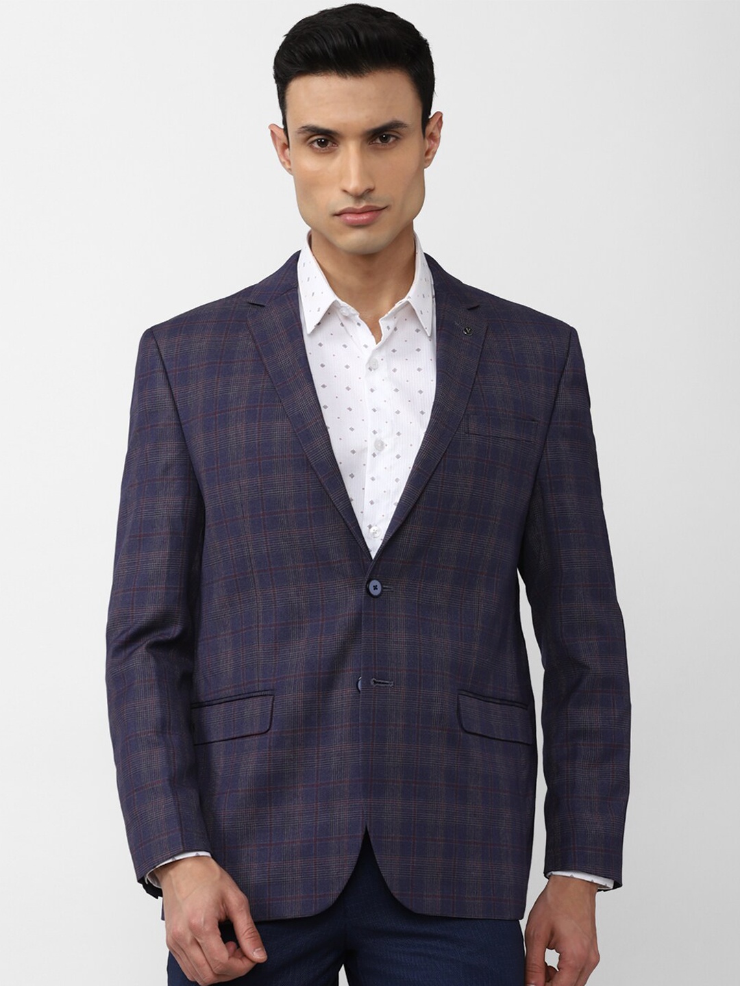 

Van Heusen Men Checked Single Breasted Blazer, Navy blue