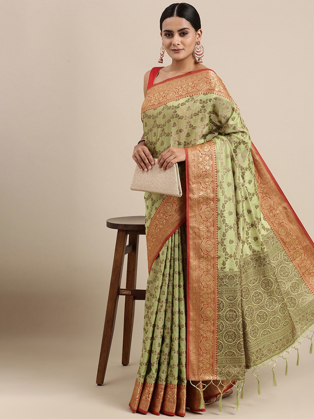 

GAJARAI Ethnic Motifs Zari Art Silk Banarasi Saree, Green
