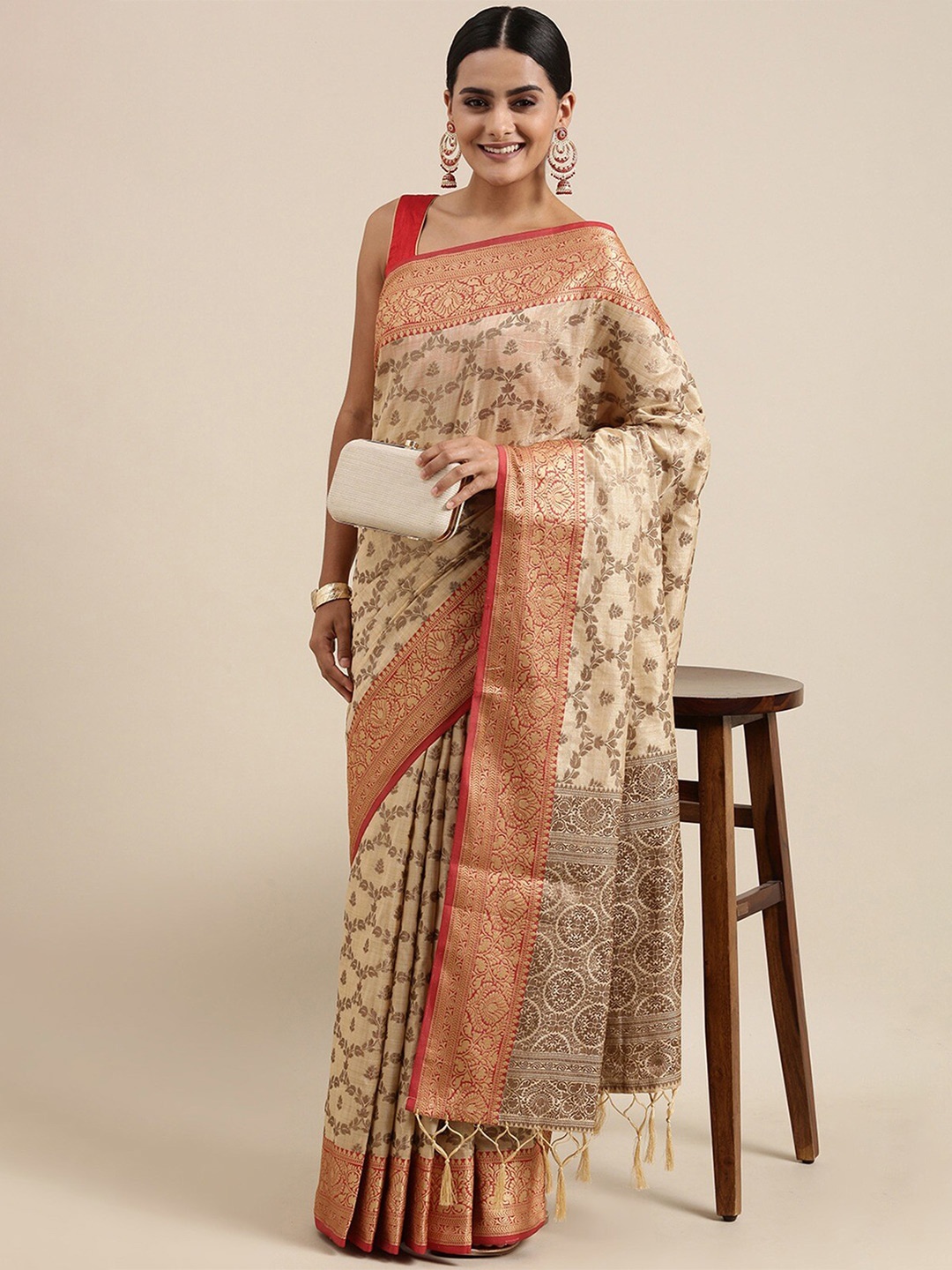 

GAJARAI Floral Woven Design Zari Banarasi Art Silk Saree, Beige