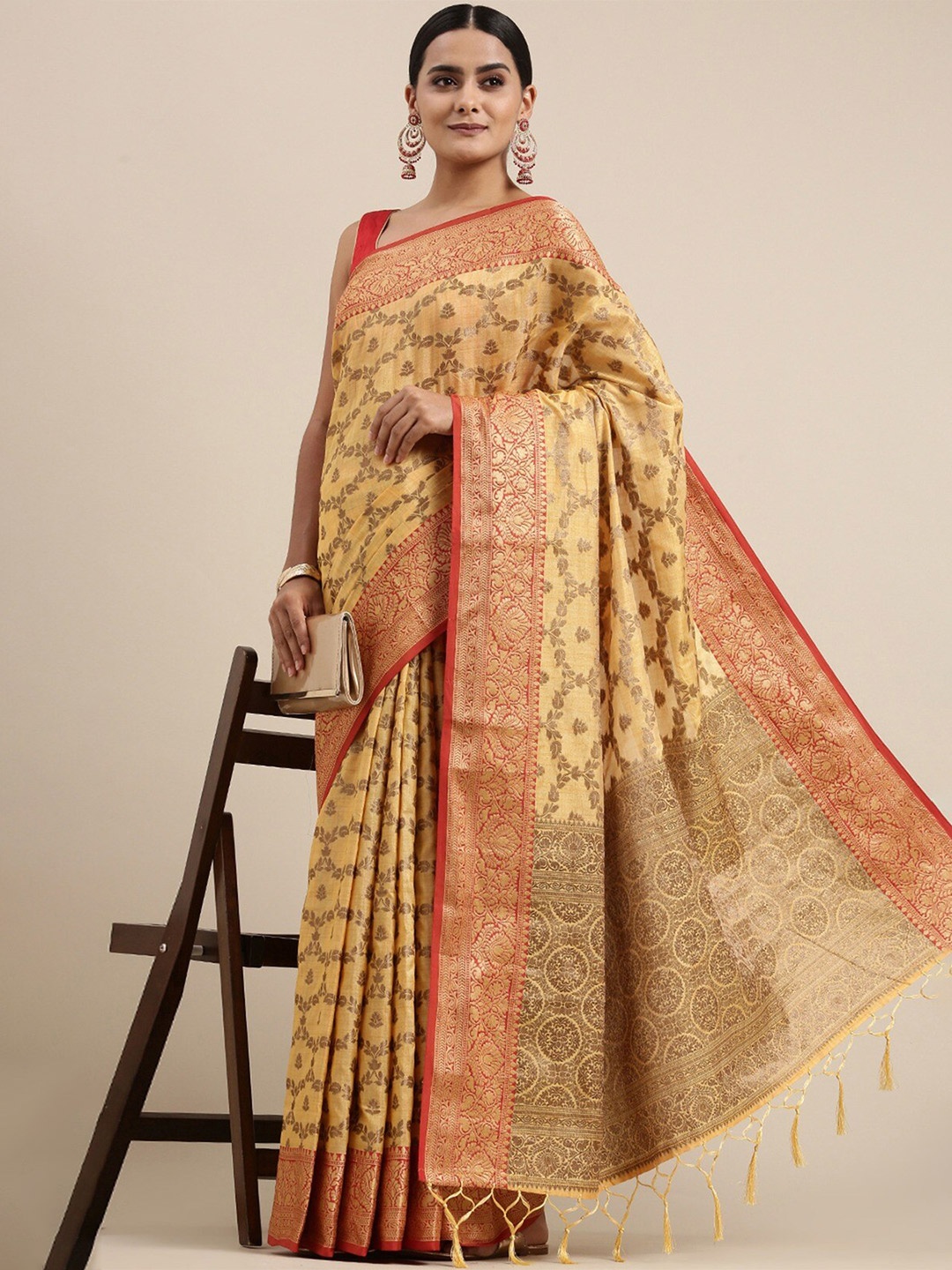 

GAJARAI Yellow & Red Ethnic Motifs Zari Art Silk Banarasi Saree