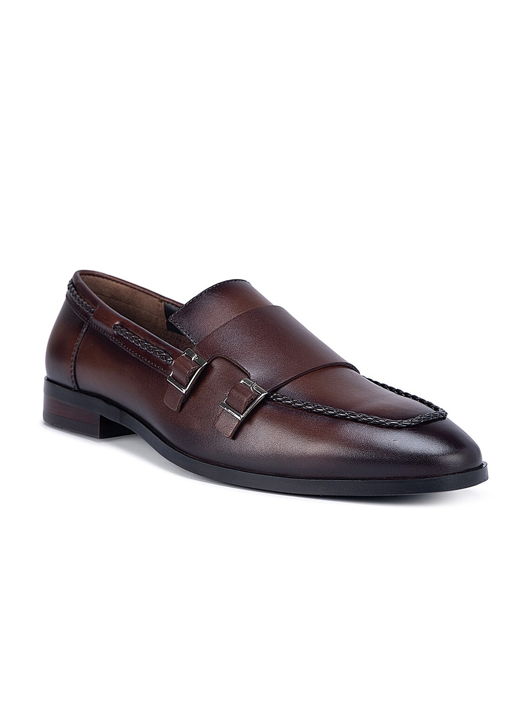 

ROSSO BRUNELLO Men Round Toe Leather Formal Monk Shoes, Brown