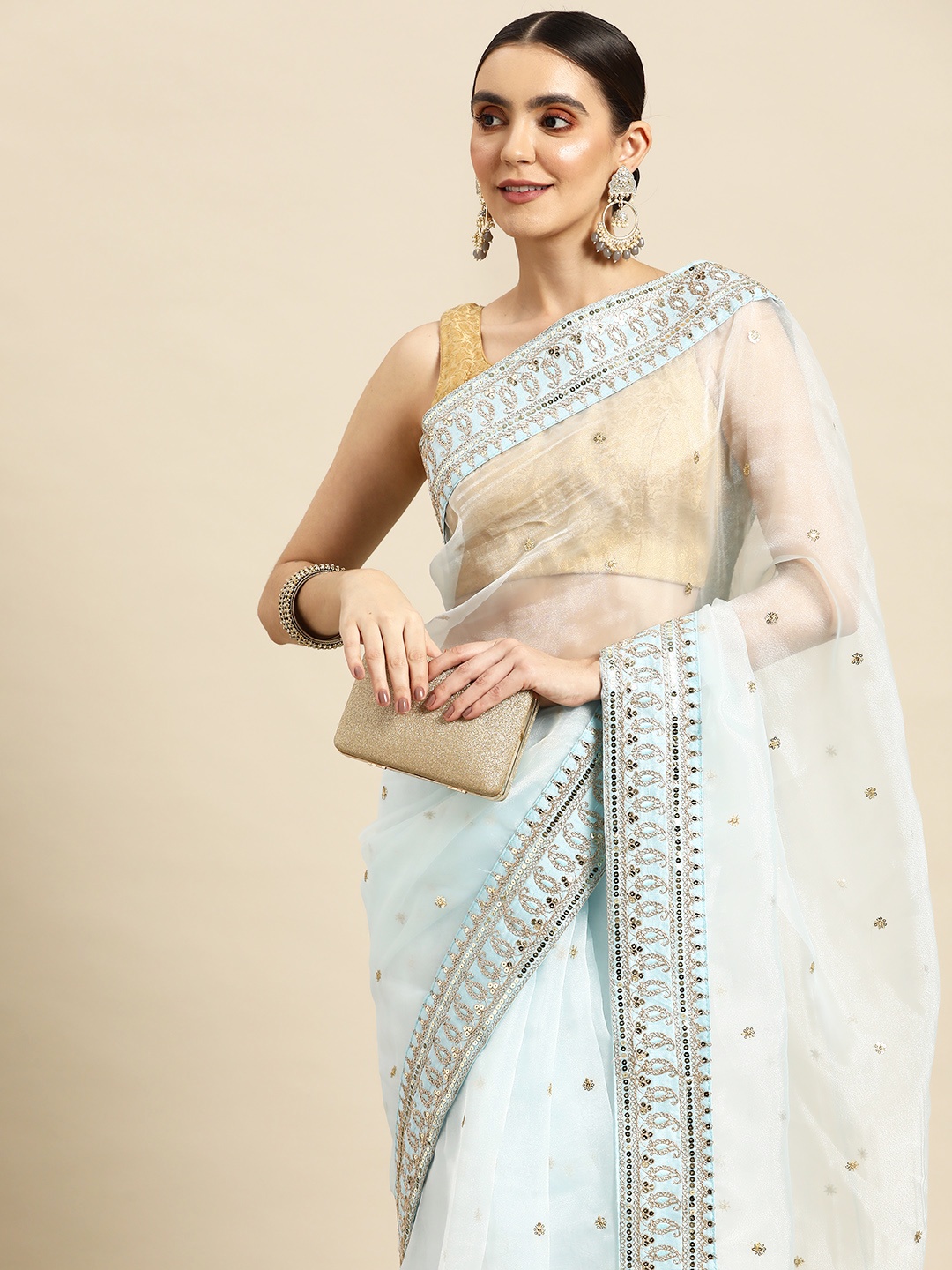

Anouk Ethnic Motifs Sequinned Organza Saree, Blue