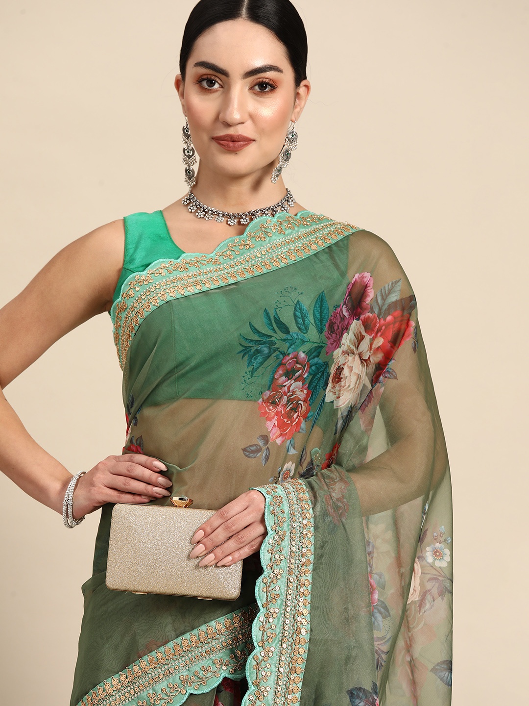 

Anouk Floral Sequinned Organza Saree, Green