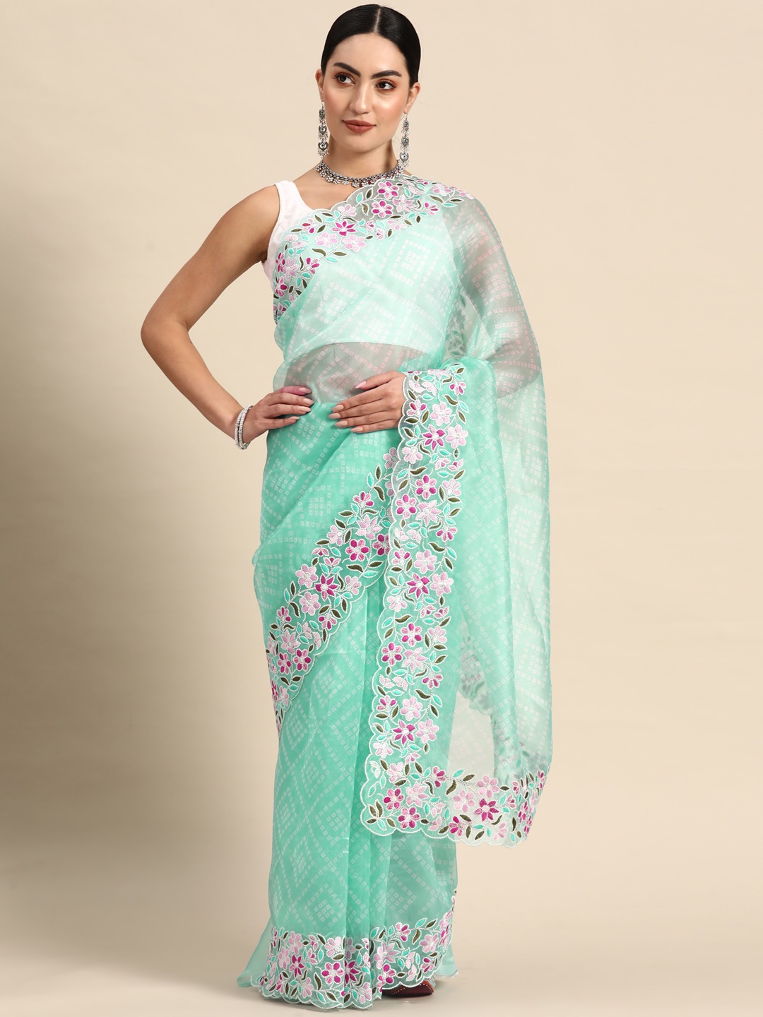 

Anouk Organza Bandhani Saree, Turquoise blue