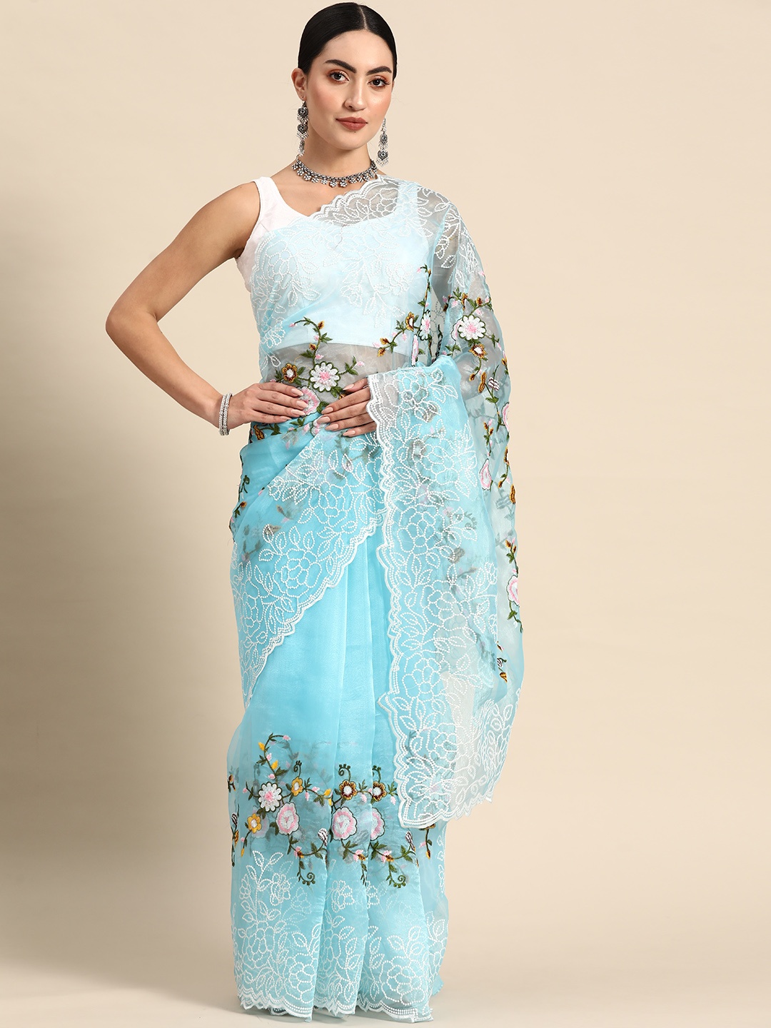 

Anouk Floral Organza Saree, Turquoise blue