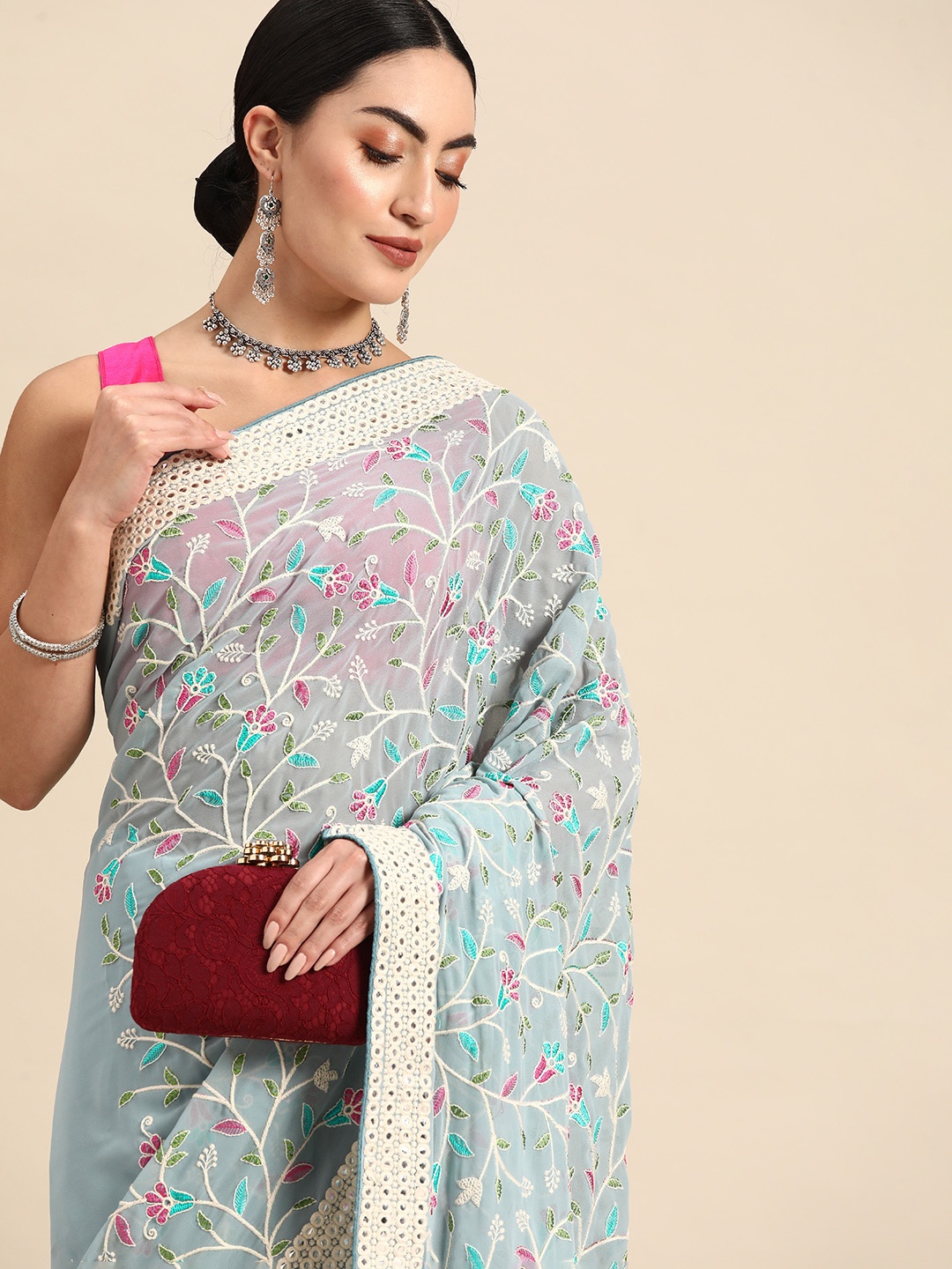 Anouk Floral Saree, Turquoise blue