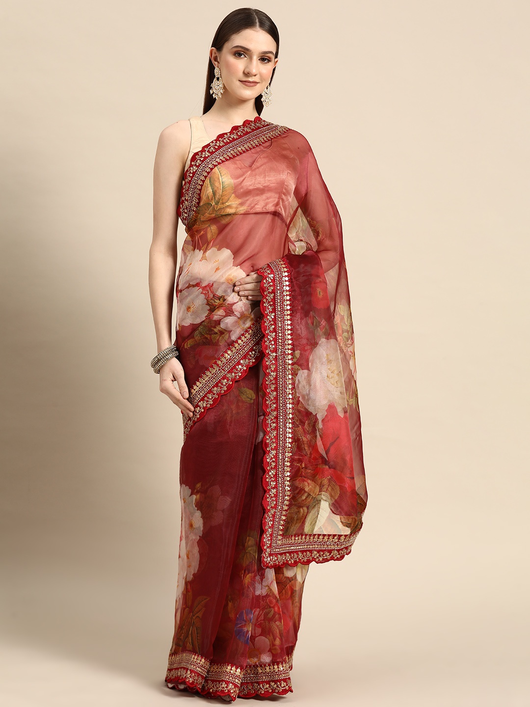 

Anouk Floral Zari Organza Saree, Maroon