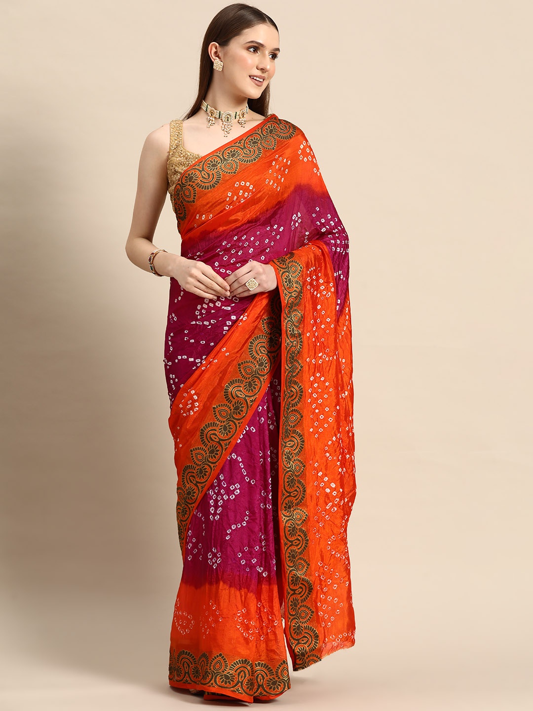 

Anouk Zari Art Silk Bandhani Saree, Pink