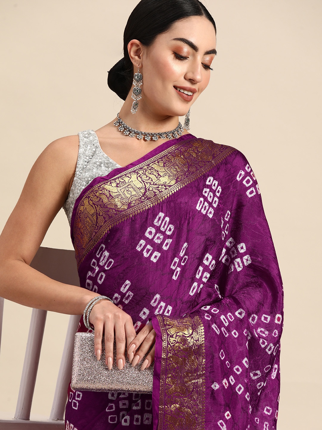 

Anouk Zari Art Silk Bandhani Saree, Purple
