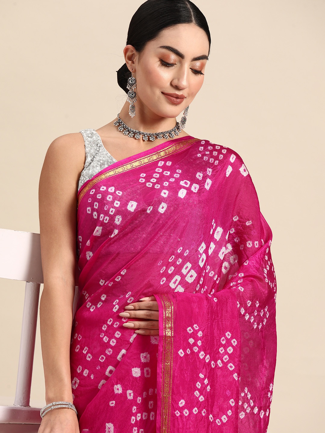 

Anouk Zari Art Silk Bandhani Saree, Pink