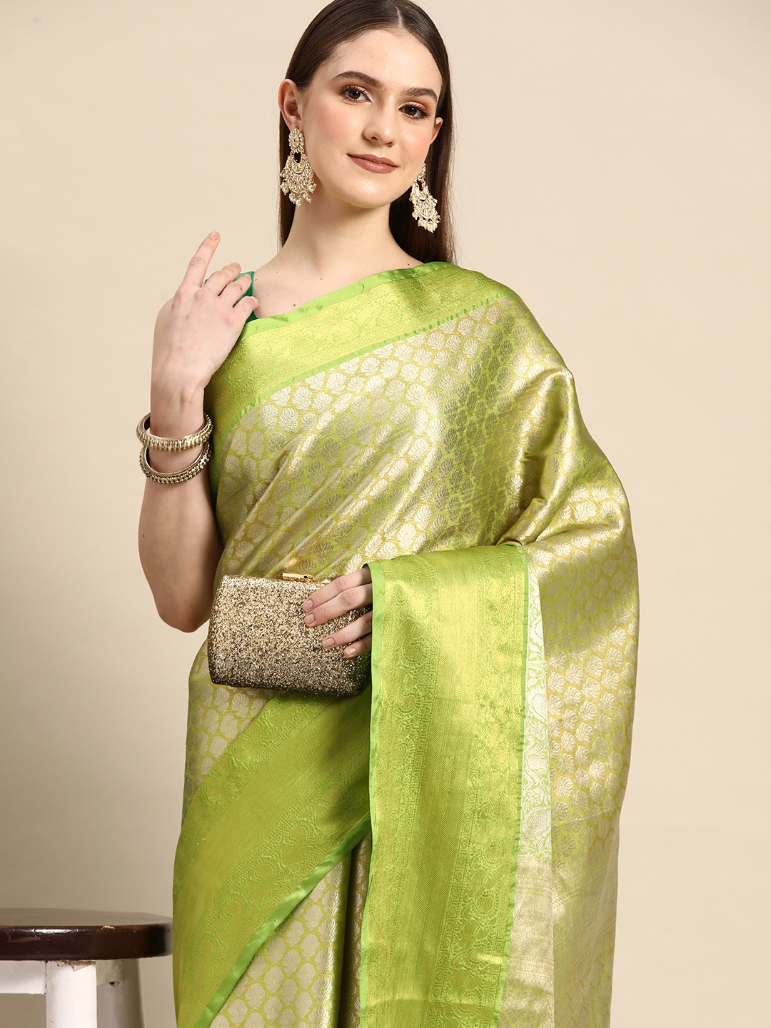 

Anouk Ethnic Motifs Zari Silk Blend Kanjeevaram Saree, Green