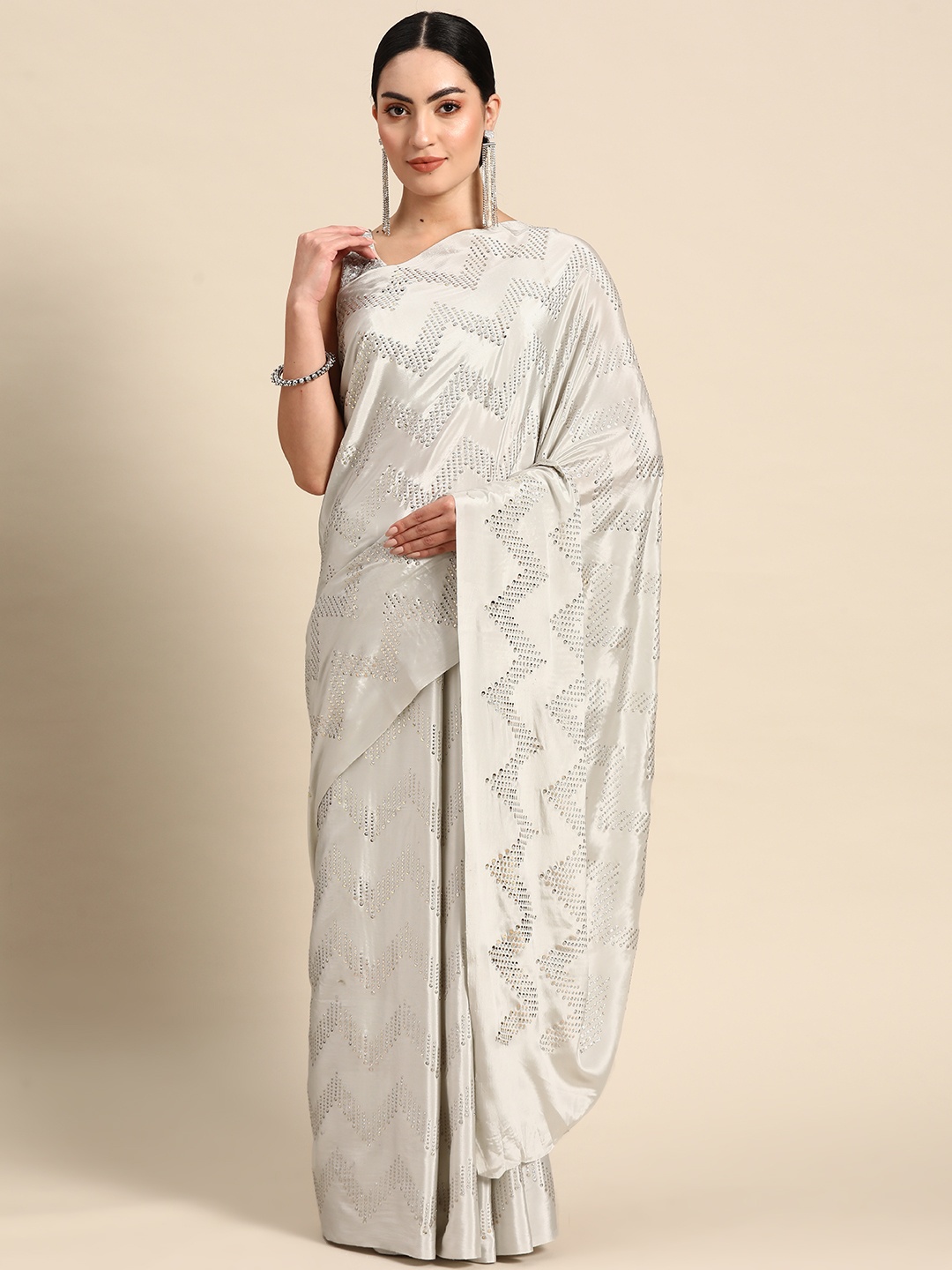 

Anouk Embellished Sequinned Satin Saree, Grey