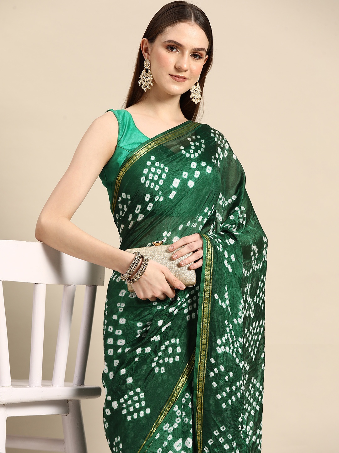 

Anouk Zari Art Silk Bandhani Saree, Green