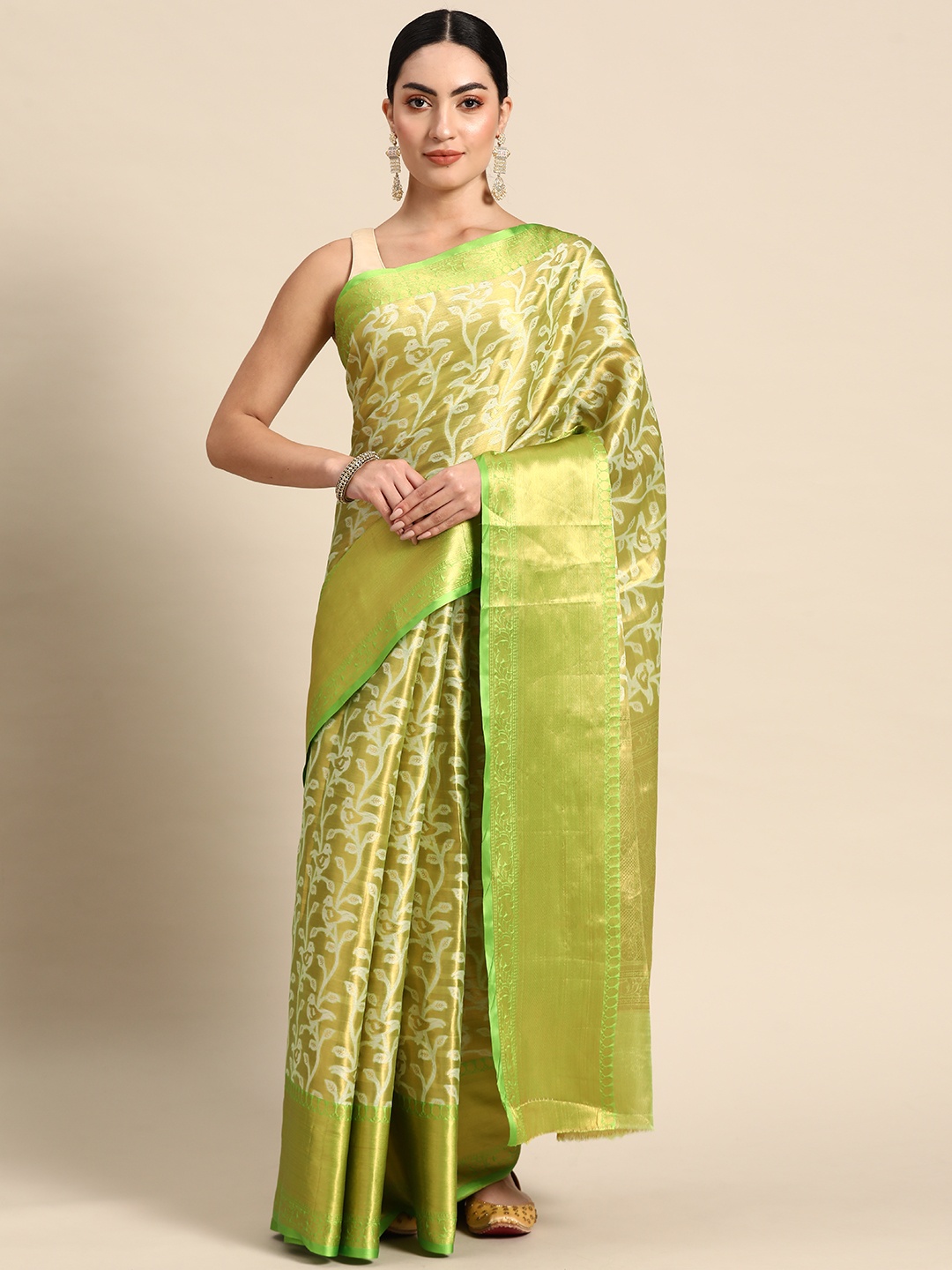 

Anouk Floral Zari Silk Blend Kanjeevaram Saree, Green