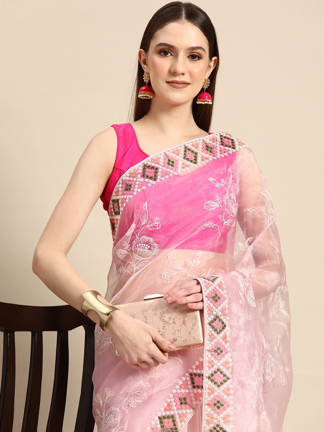 

Anouk Floral Organza Bandhani Saree, Pink