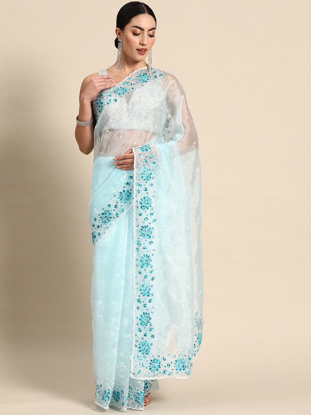 

Anouk Floral Embroidered Organza Saree, Turquoise blue
