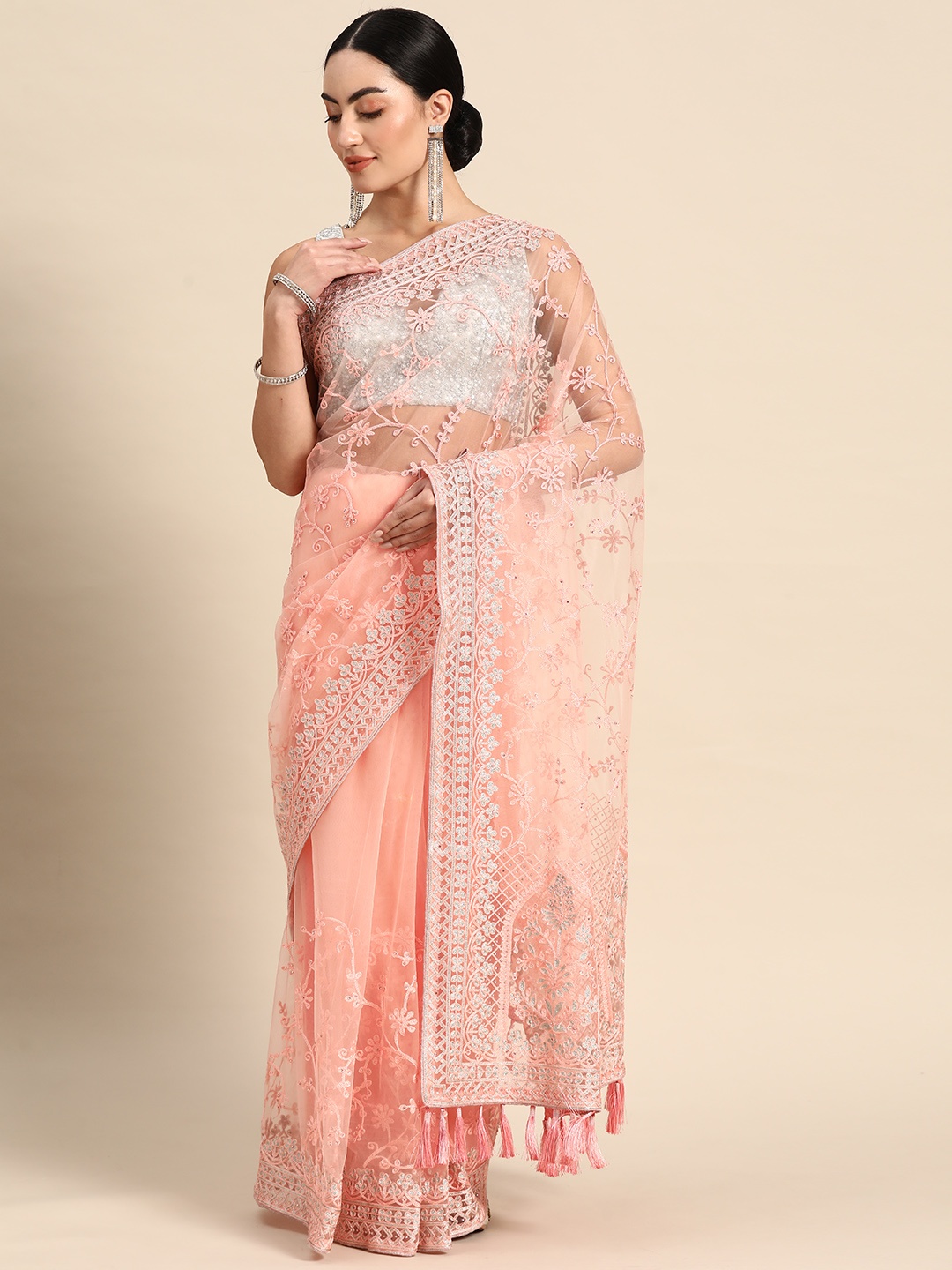 

Anouk Floral Sequinned Net Saree, Peach