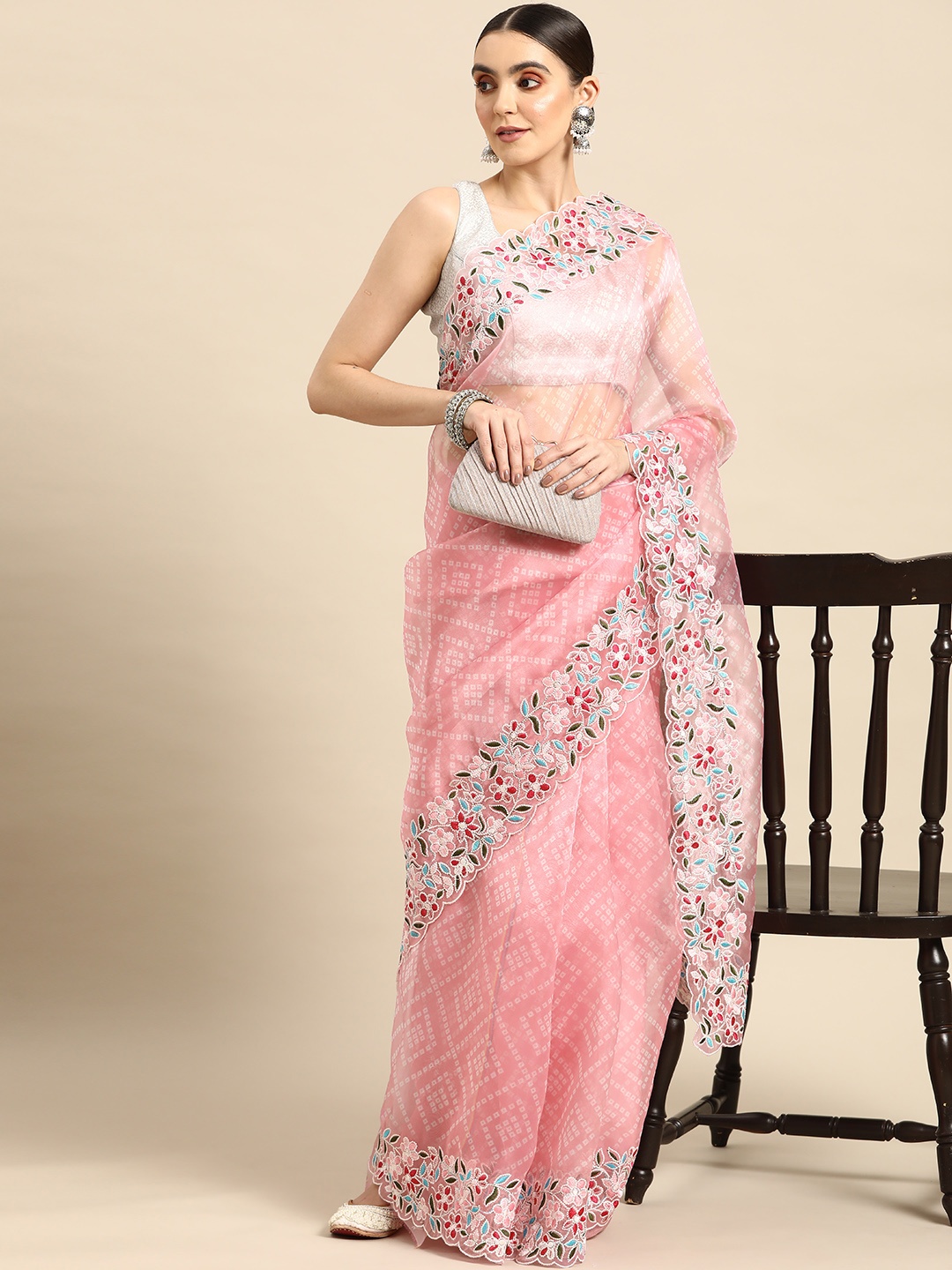 

Anouk Pink & White Bandhani Organza Bandhani Saree