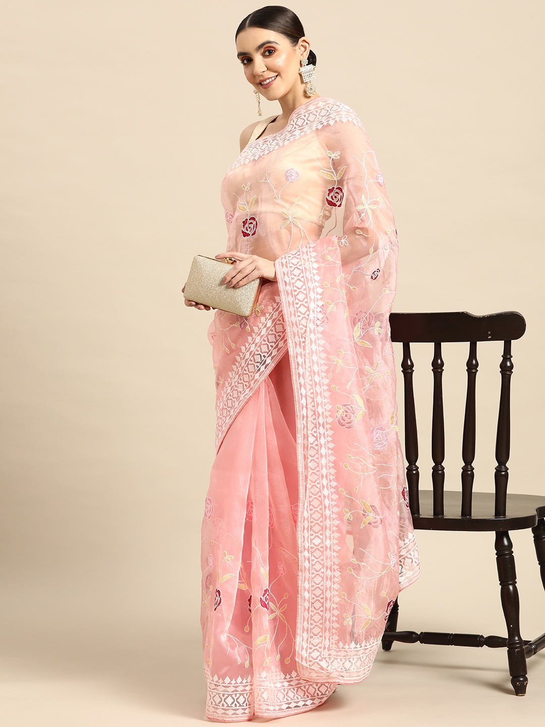 

Anouk Pink & White Floral Organza Saree