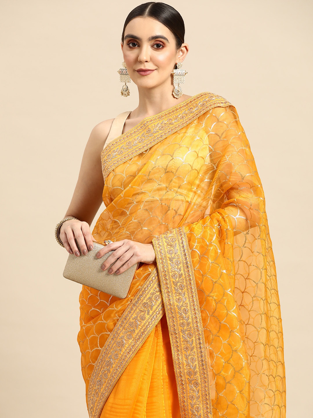 

Anouk Geometric Sequinned Organza Saree, Mustard