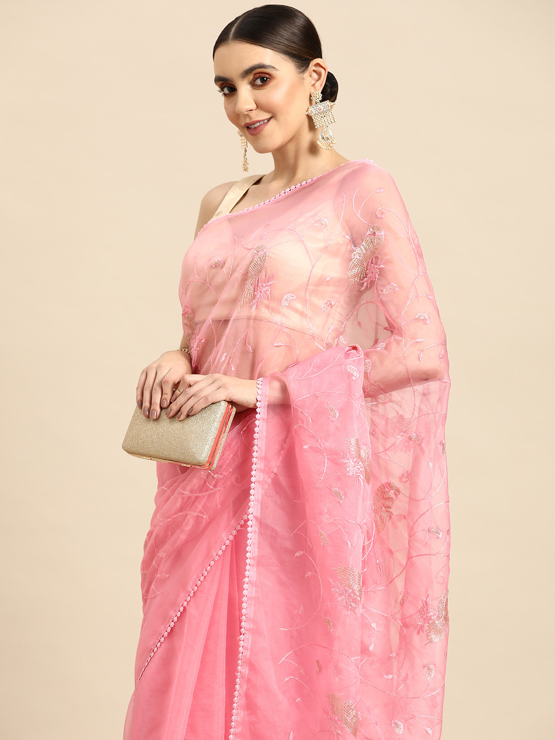 

Anouk Floral Sequinned Organza Saree, Pink