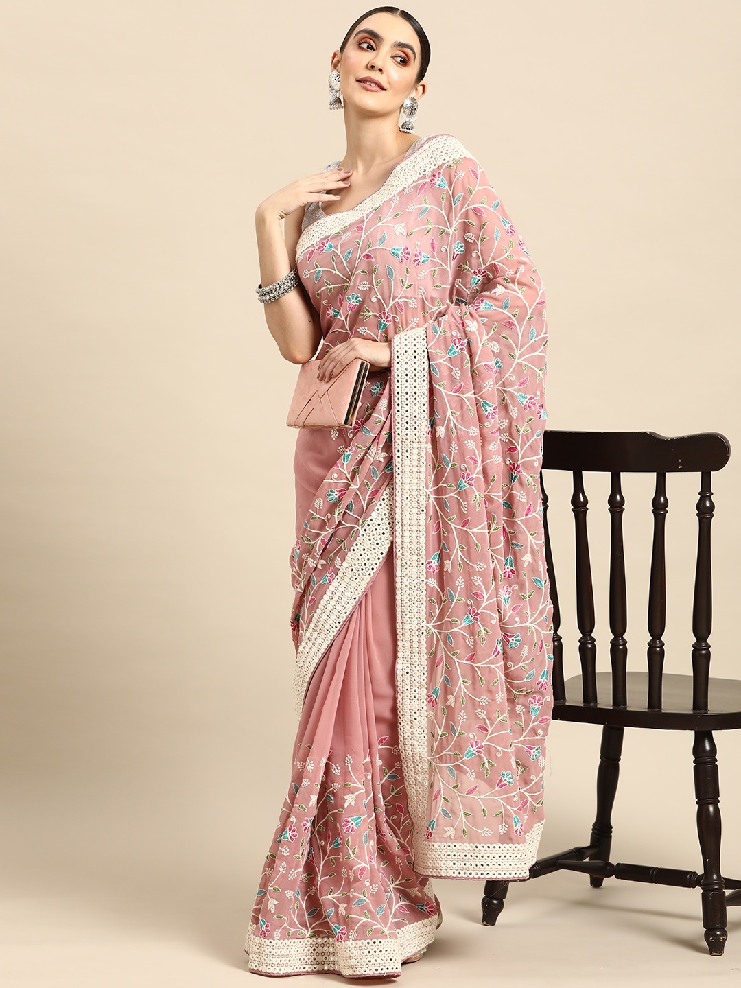 

Anouk Pink & White Floral Saree