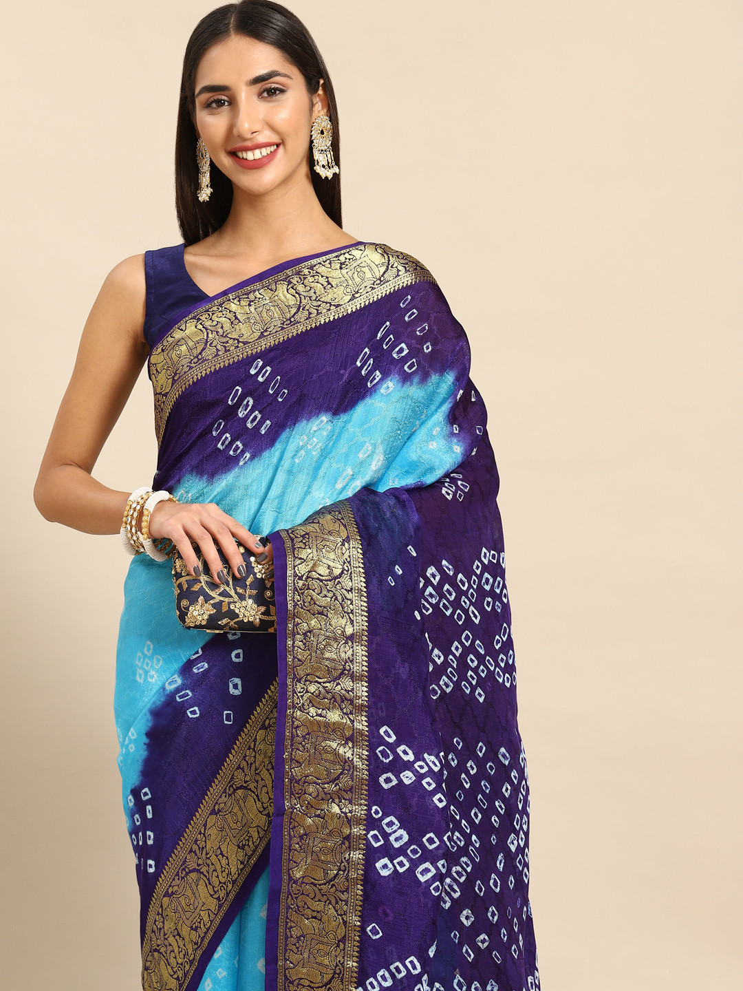 

Anouk Zari Art Silk Bandhani Saree, Turquoise blue