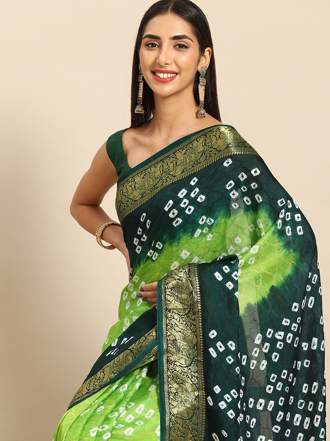 

Anouk Zari Art Silk Bandhani Saree, Green