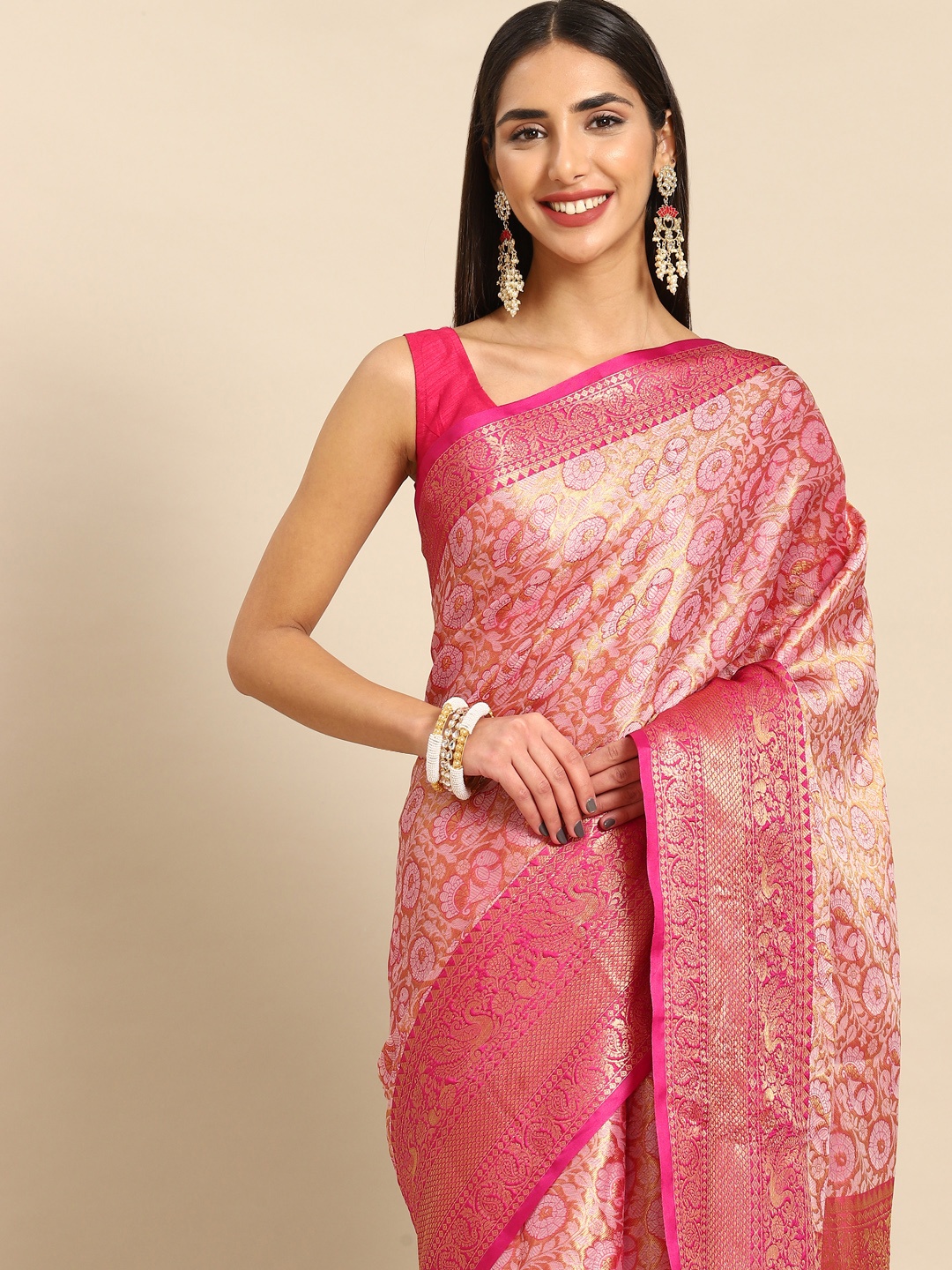

Anouk Floral Zari Silk Blend Kanjeevaram Saree, Pink
