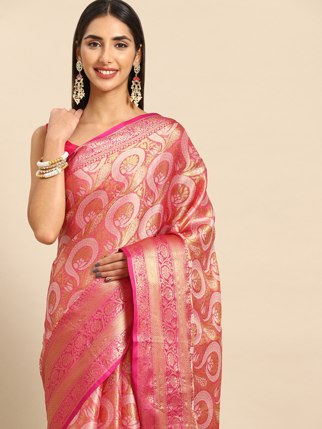 

Anouk Ethnic Motifs Zari Silk Blend Kanjeevaram Saree, Pink