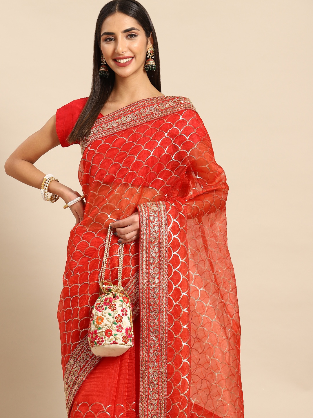 

Anouk Sequinned Organza Saree, Red