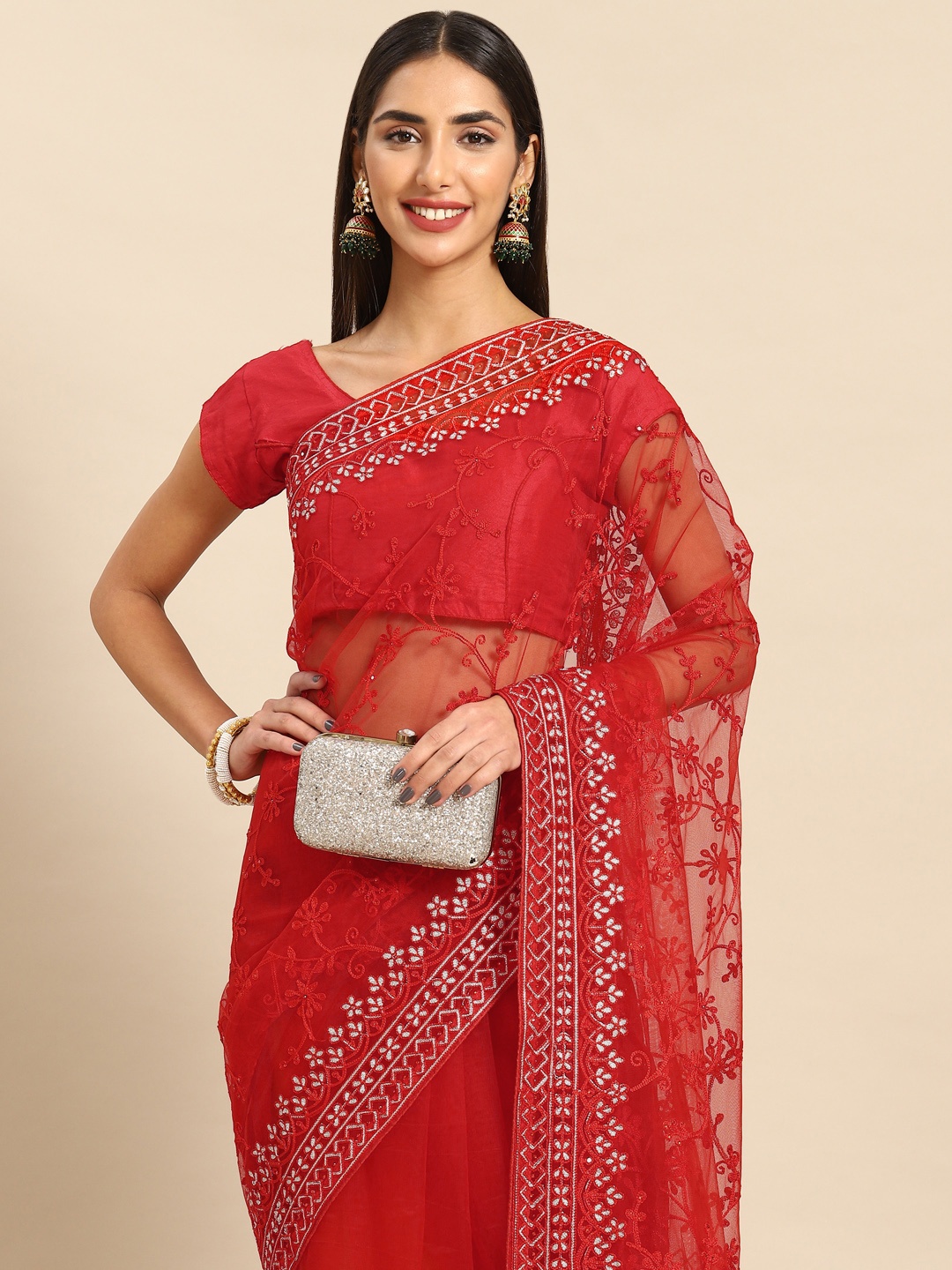 

Anouk Floral Embroidered Net Saree, Red