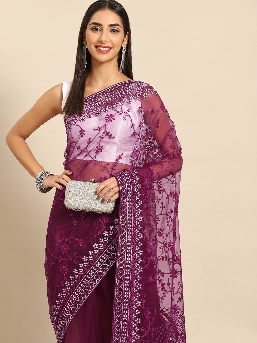 

Anouk Floral Embroidered Net Saree, Burgundy