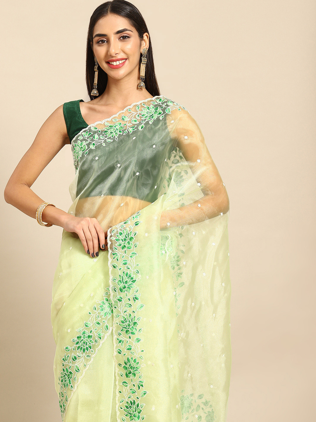 

Anouk Floral Embroidered Organza Saree, Green