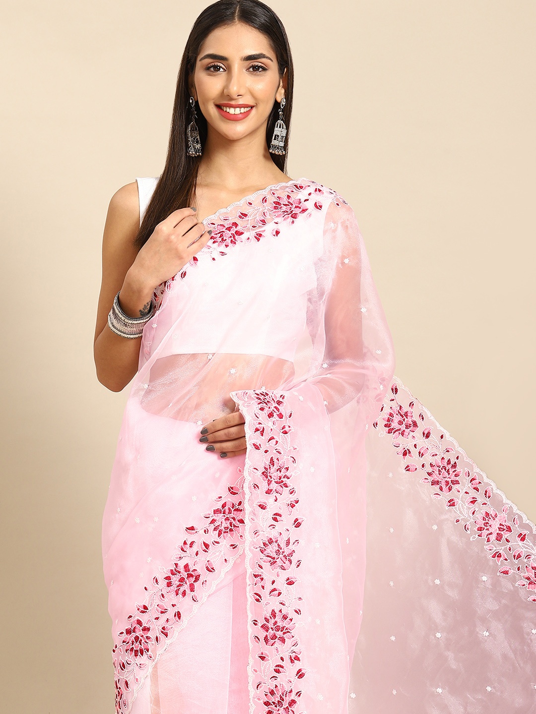 

Anouk Floral Embroidered Organza Saree, Pink