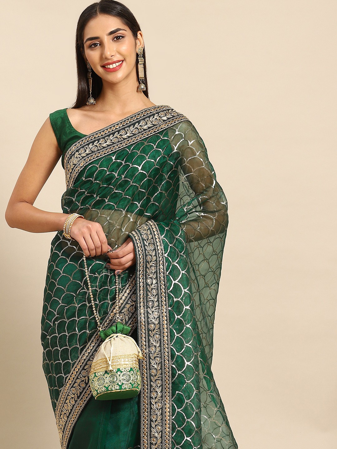 

Anouk Sequinned Organza Saree, Green