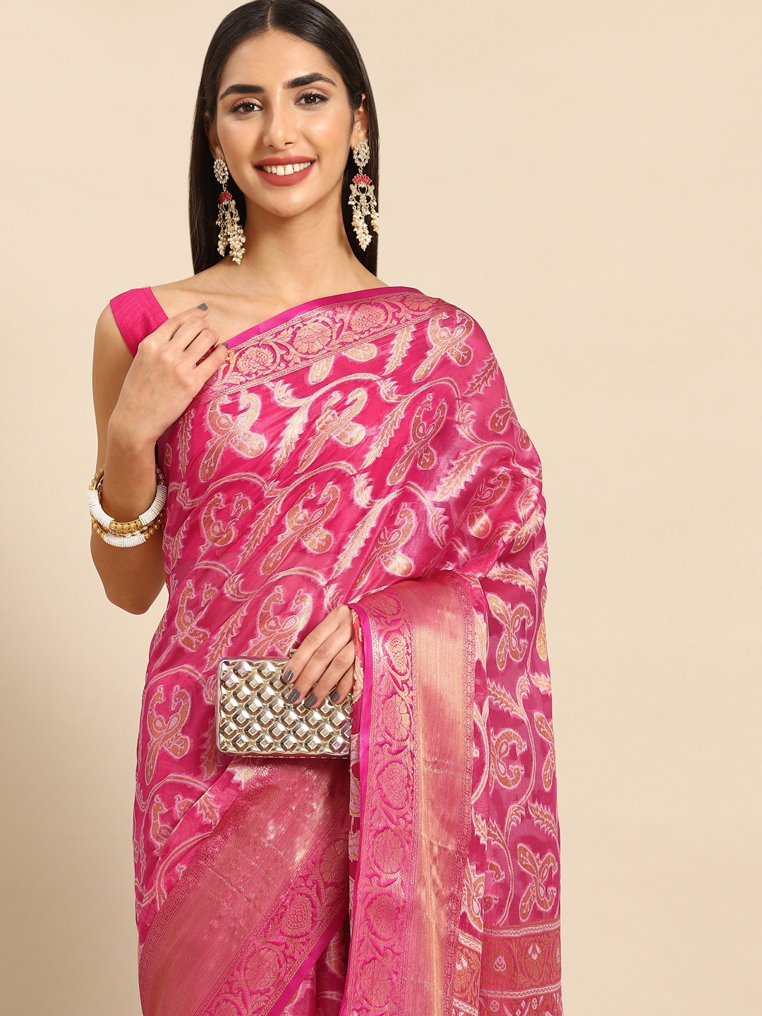 

Anouk Ethnic Motifs Zari Silk Blend Kanjeevaram Saree, Pink