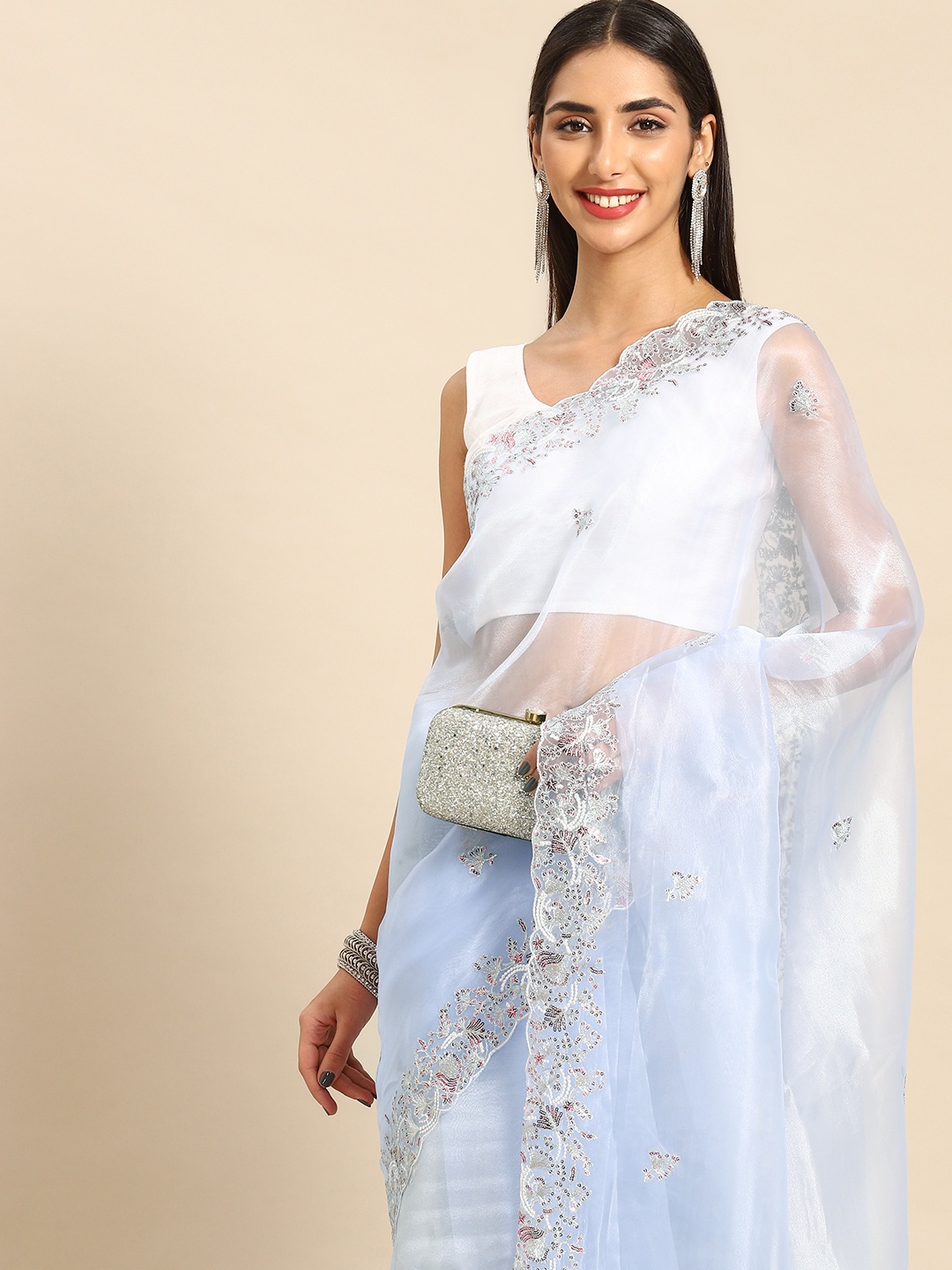 

Anouk Floral Sequinned Organza Saree, Turquoise blue