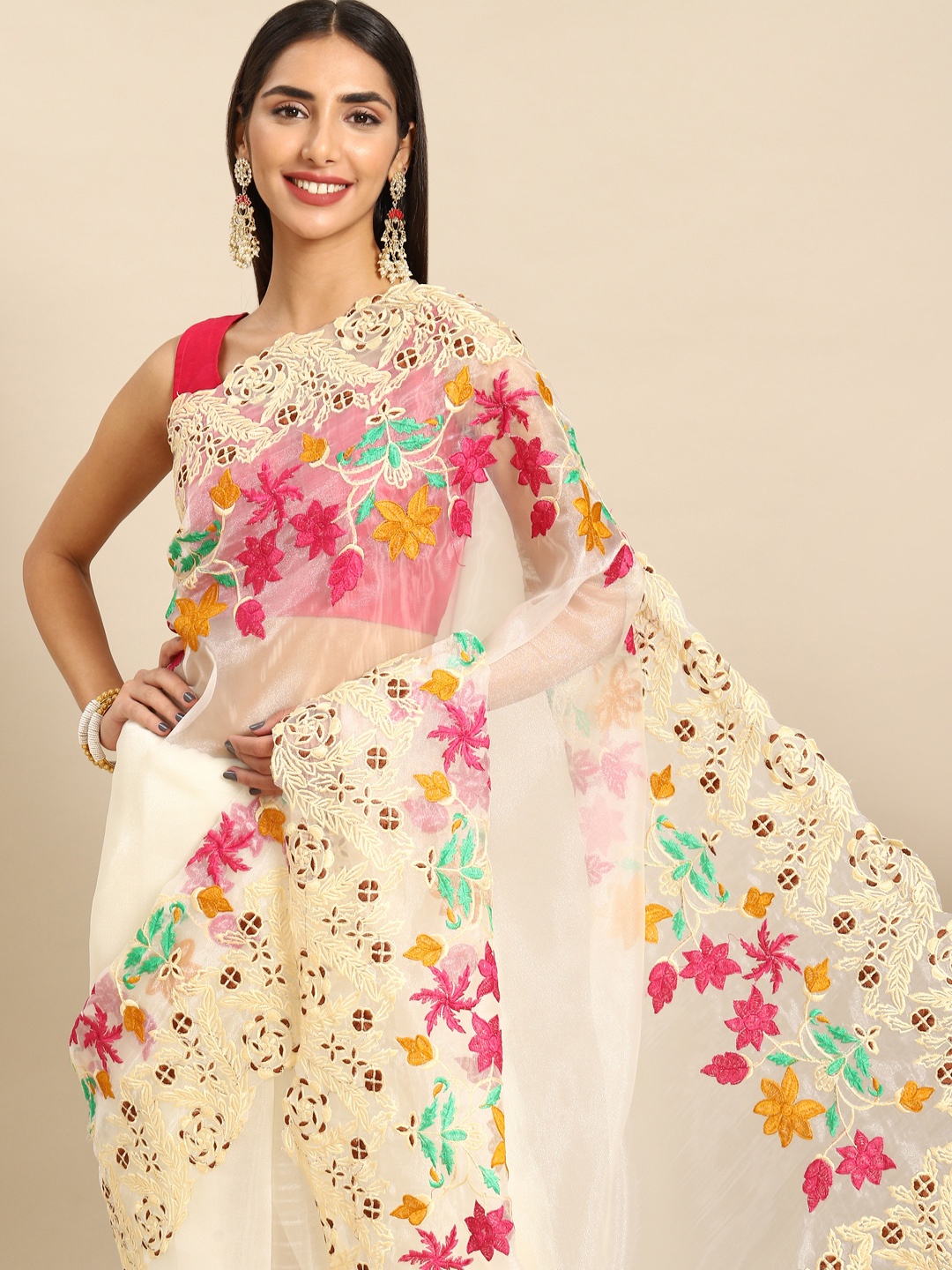 

Anouk Floral Embroidered Organza Saree, Beige