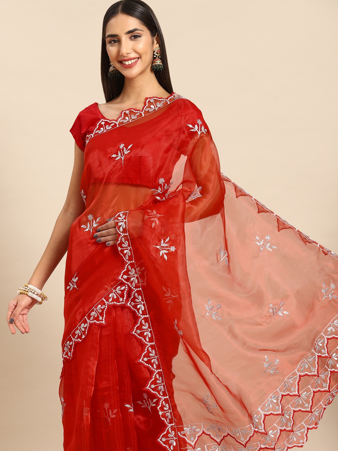 

Anouk Floral Zari Organza Saree, Red