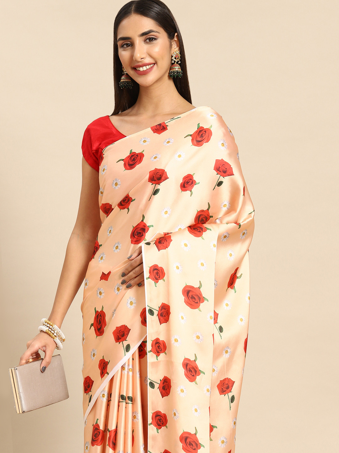 

Anouk Floral Satin Saree, Peach