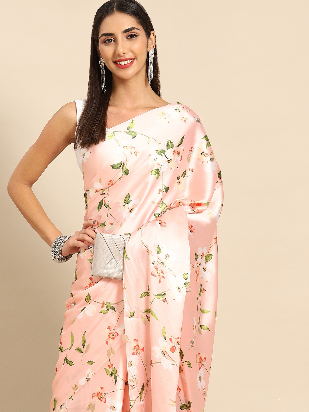 

Anouk Floral Satin Saree, Peach